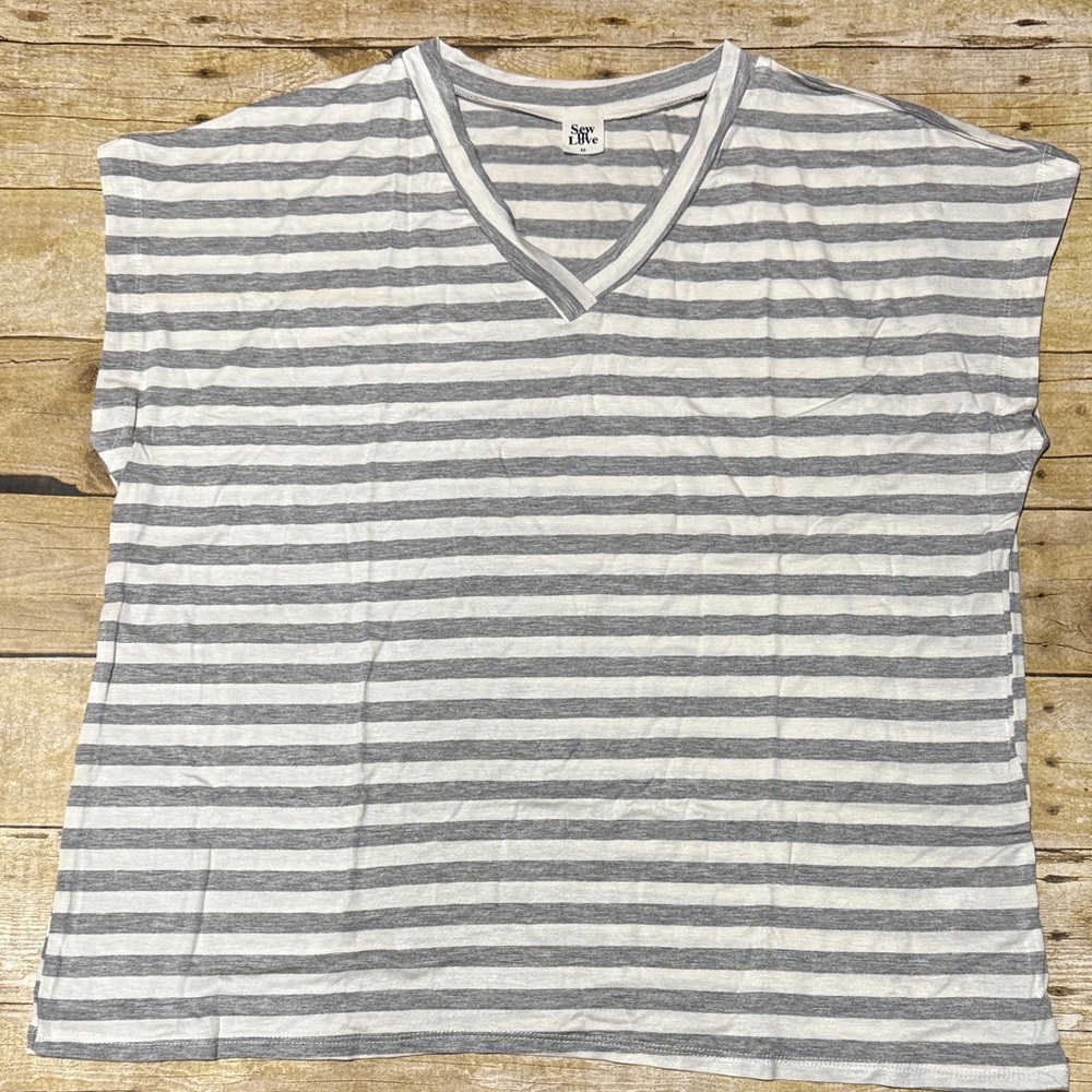 Gray and White Striped V-Neck Top